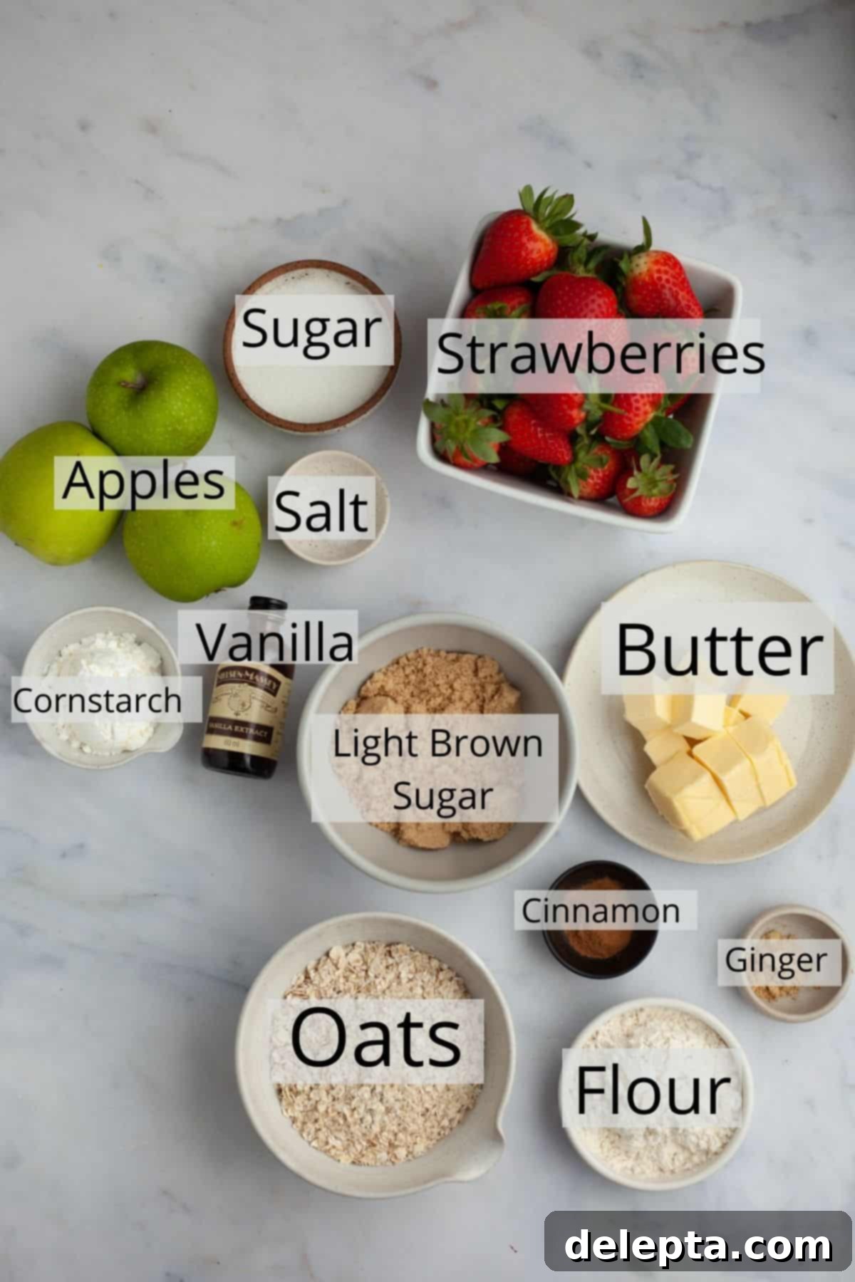Simple Strawberry Apple Crisp 3 All the ingredients for strawberry apple crisp weighed out in small bowls.