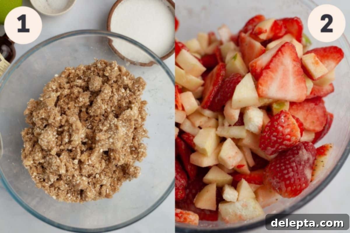 Simple Strawberry Apple Crisp 4 steps 1 and 2 to make strawberry apple crisp.