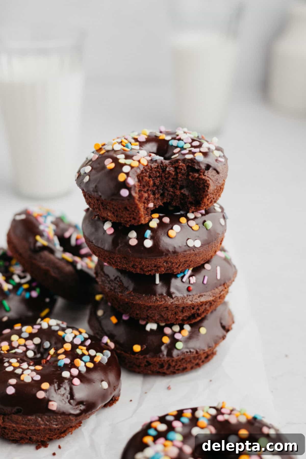 Chocolatey Sprinkled Delights 2 A tantalizing stack of baked chocolate sprinkle donuts, the top one revealing a delicious bite missing, showcasing its fluffy interior and rich chocolate glaze beneath the colorful sprinkles.