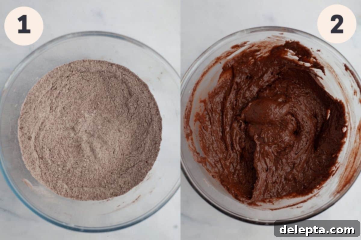 Chocolatey Sprinkled Delights 5 Visual steps 1 and 2 for making chocolate sprinkle donuts: dry ingredients whisked thoroughly, then wet ingredients gently folded into the mixture.