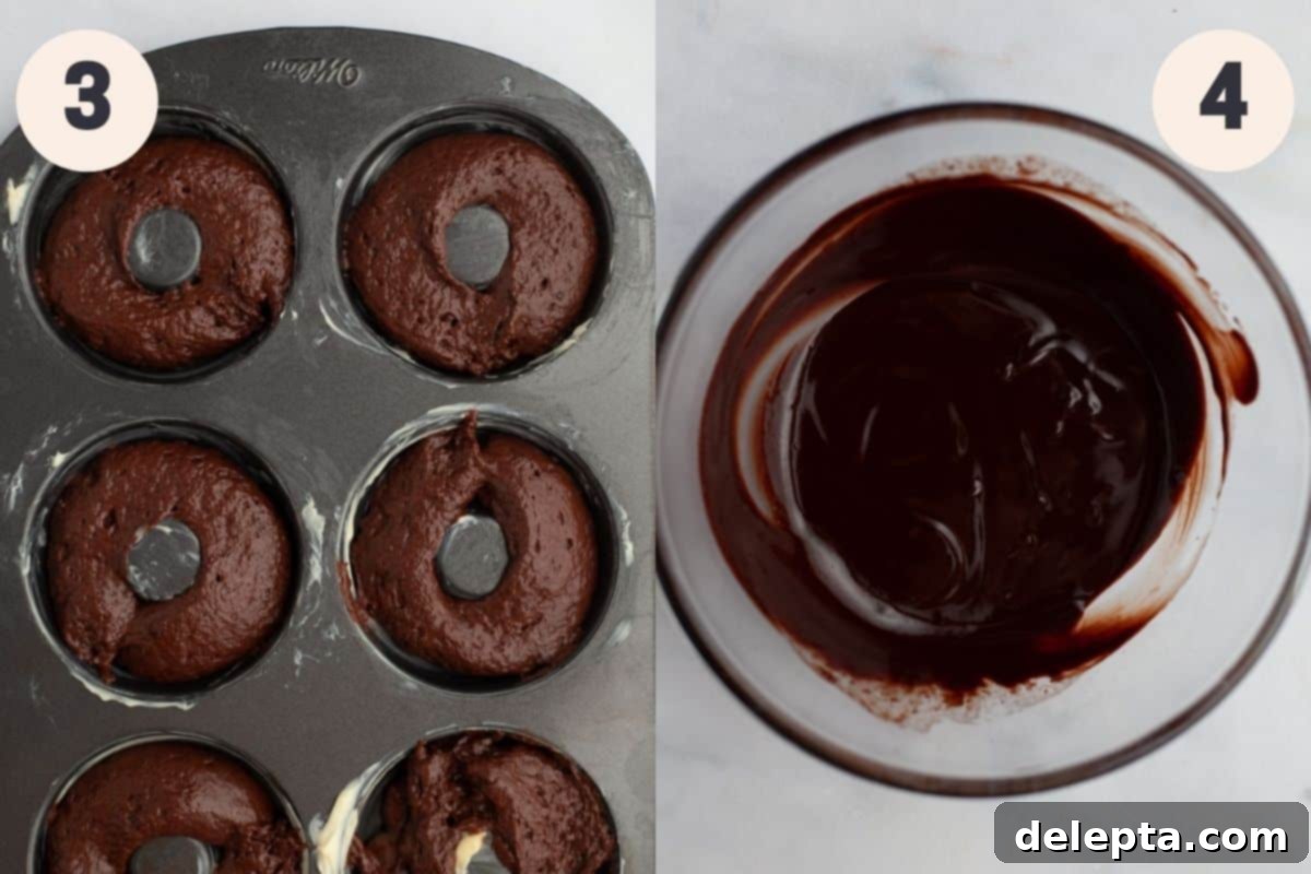 Chocolatey Sprinkled Delights 6 Visual steps 3 and 4 for making chocolate sprinkle donuts: piping donut batter into the prepared pan, followed by dipping completely cooled donuts into the luscious chocolate glaze and adding sprinkles.