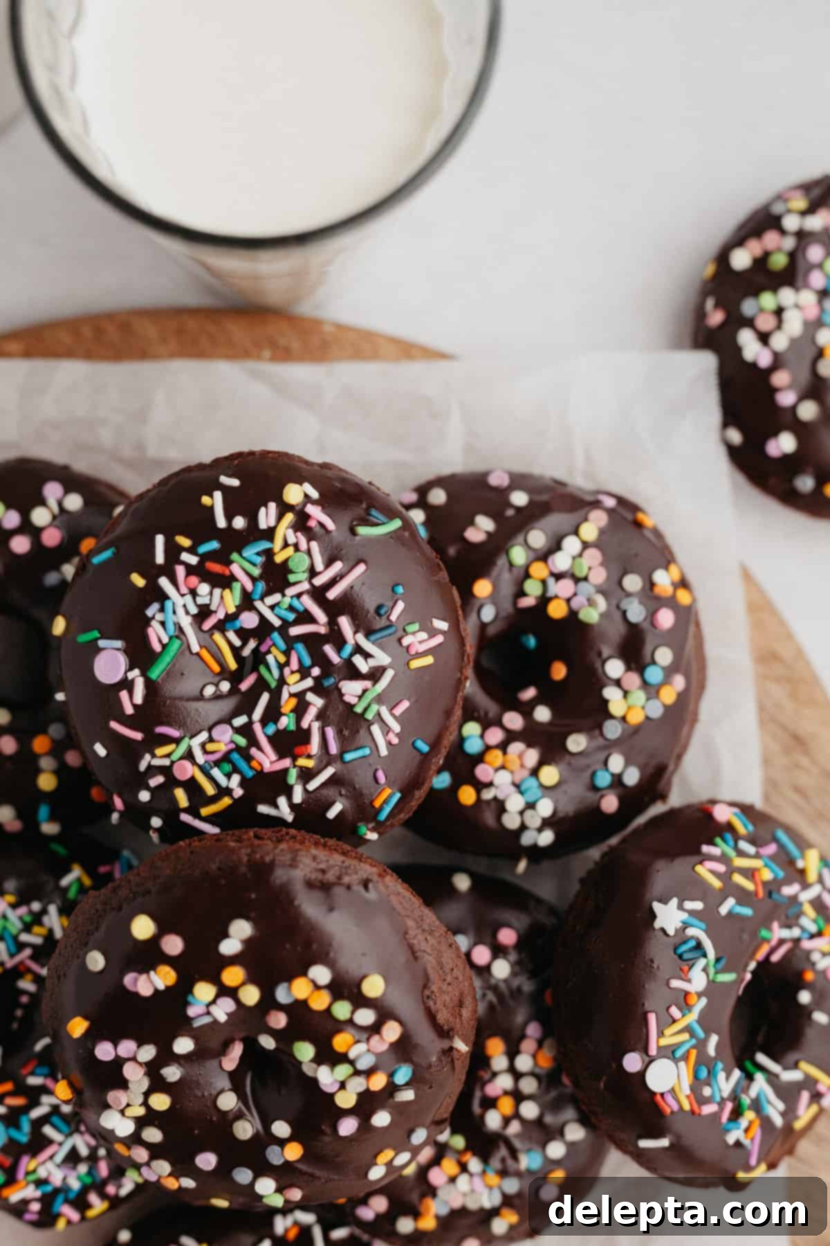 Chocolatey Sprinkled Delights 8 A delightful pile of baked chocolate sprinkle donuts arranged artfully on parchment paper, glistening with glaze and vibrant sprinkles, ready to be enjoyed as a sweet treat.