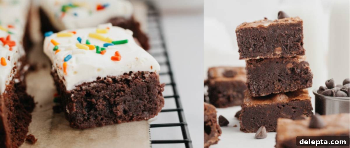 Decadent Fudgy Triple Chocolate Brownies 4 A visual comparison showing two different brownie textures, one with cream cheese frosting, and the other a stack of fudgier brownies, illustrating the successful outcome of recipe testing.