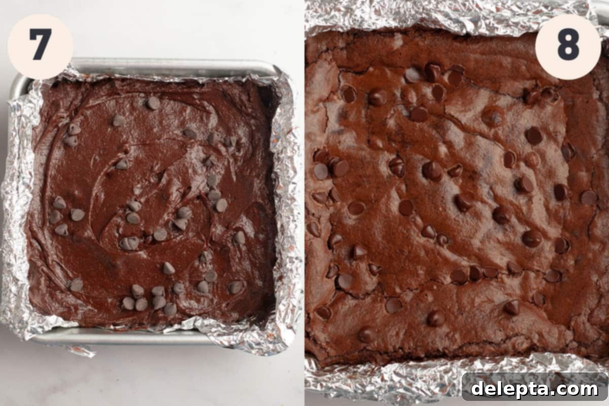 Decadent Fudgy Triple Chocolate Brownies 8 An 8x8 baking pan containing uncooked brownie batter next to a section of freshly baked brownies, demonstrating the before and after stages.