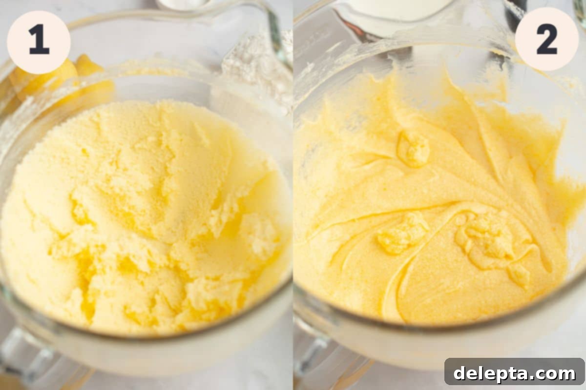 Sunny Lemon Bundt Bliss 4 Close-up of steps 1 and 2 in the lemonade bundt cake baking process, showing butter and sugar being creamed, then eggs being added.