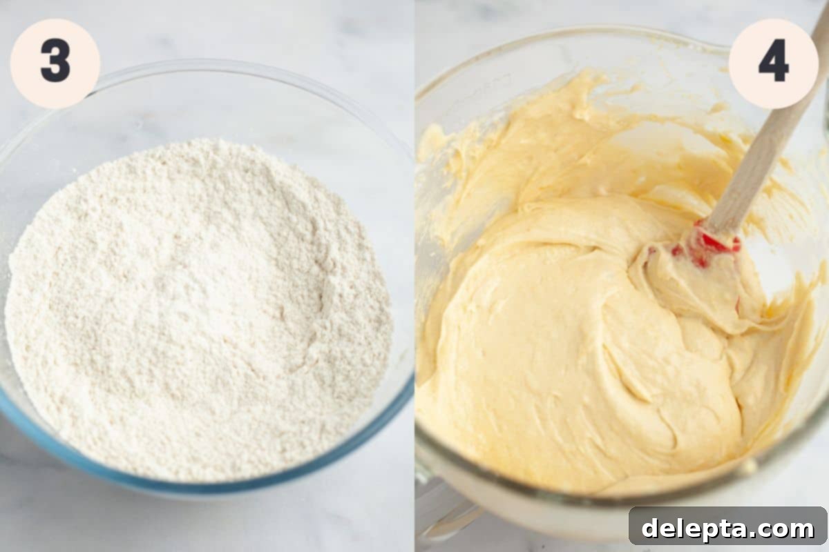 Sunny Lemon Bundt Bliss 5 Close-up of steps 3 and 4 in the lemonade bundt cake baking process, showing dry ingredients whisked and then combined with wet.