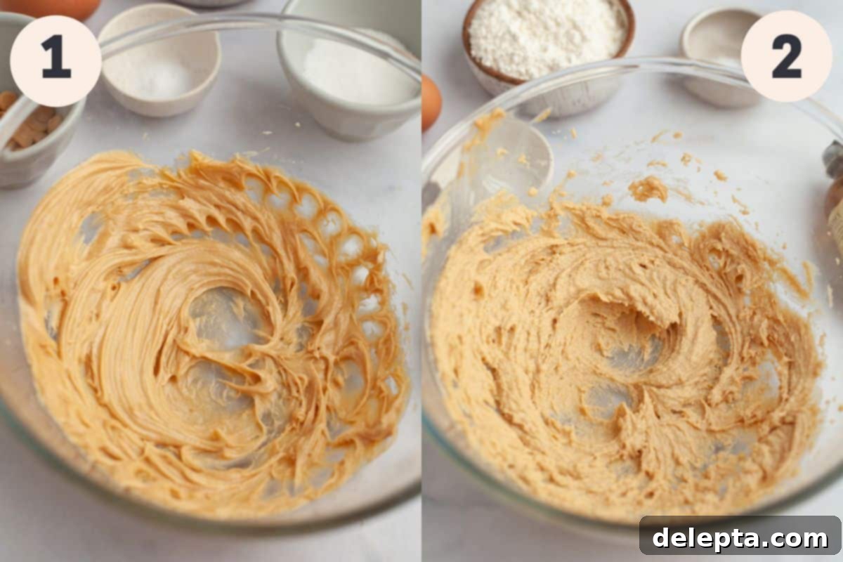 Peanut Butter Bliss in a Small Batch 4 Steps 1 and 2 in the small batch peanut butter cookie baking process, showing butter and peanut butter being creamed in a bowl, followed by the addition of sugars.