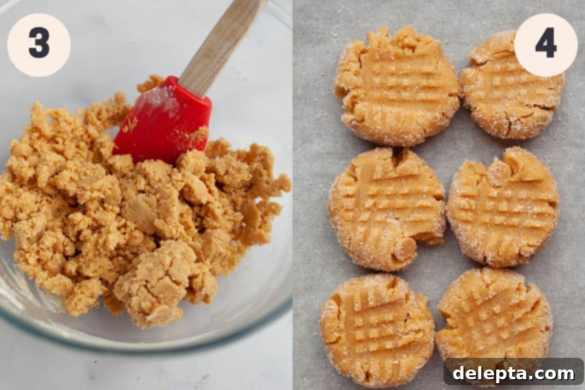 Peanut Butter Bliss in a Small Batch 5 Steps 3 and 4 in the small batch peanut butter cookie baking process, showing dry ingredients and peanut butter chips being folded into the dough, and cookie dough balls being rolled in sugar.