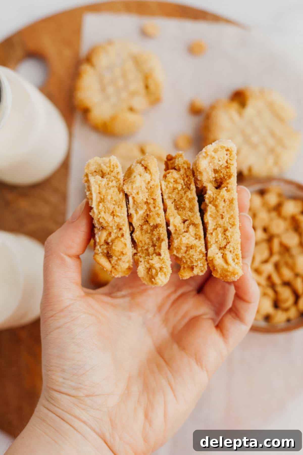 Peanut Butter Bliss in a Small Batch 7 A hand holding two perfectly baked peanut butter cookies, each cut in half to reveal their moist, chewy texture within.