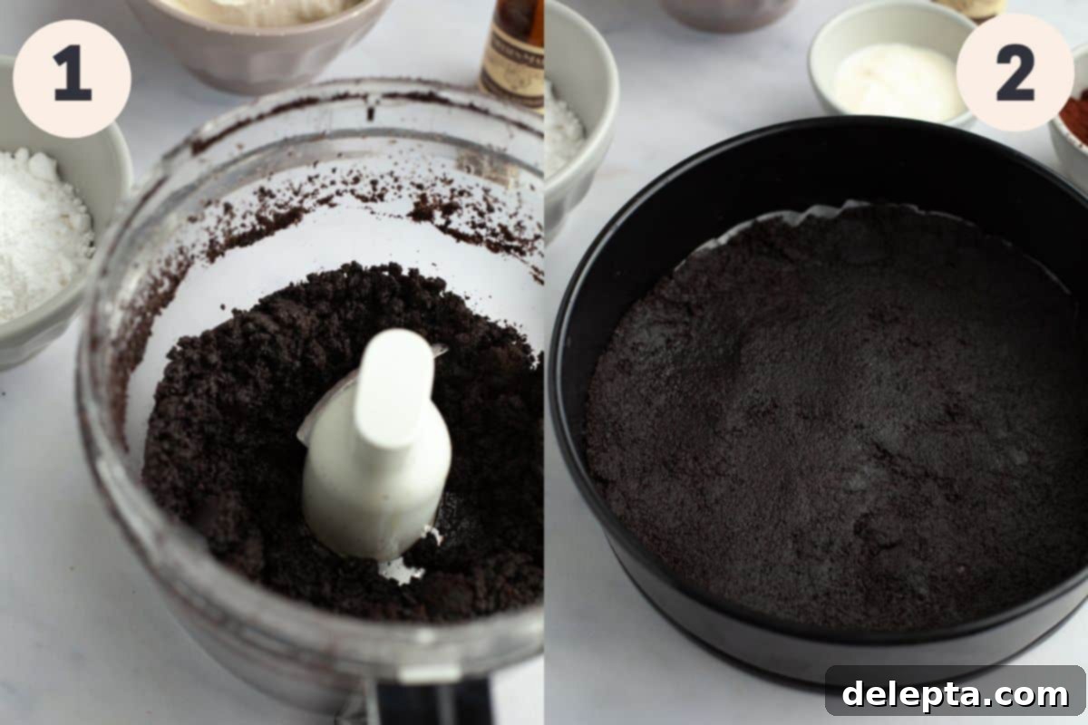 Decadent No-Bake Red Velvet Oreo Cheesecake 4 Two images depicting the first two steps of making the red velvet Oreo cheesecake: crushing Oreos and pressing the crust into a pan.