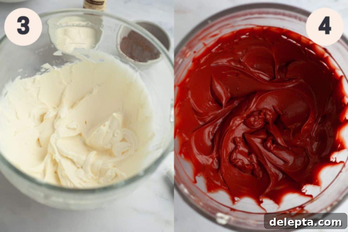 Decadent No-Bake Red Velvet Oreo Cheesecake 5 Two images showing steps 3 and 4 of the red velvet Oreo cheesecake process: whipping heavy cream and mixing cream cheese with other ingredients.