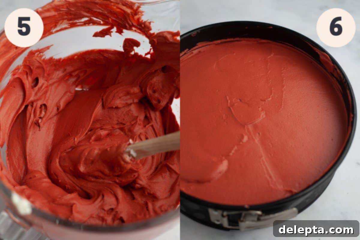 Decadent No-Bake Red Velvet Oreo Cheesecake 6 Two images illustrating steps 5 and 6 of the red velvet Oreo cheesecake process: folding in whipped cream and pouring the filling into the crust.