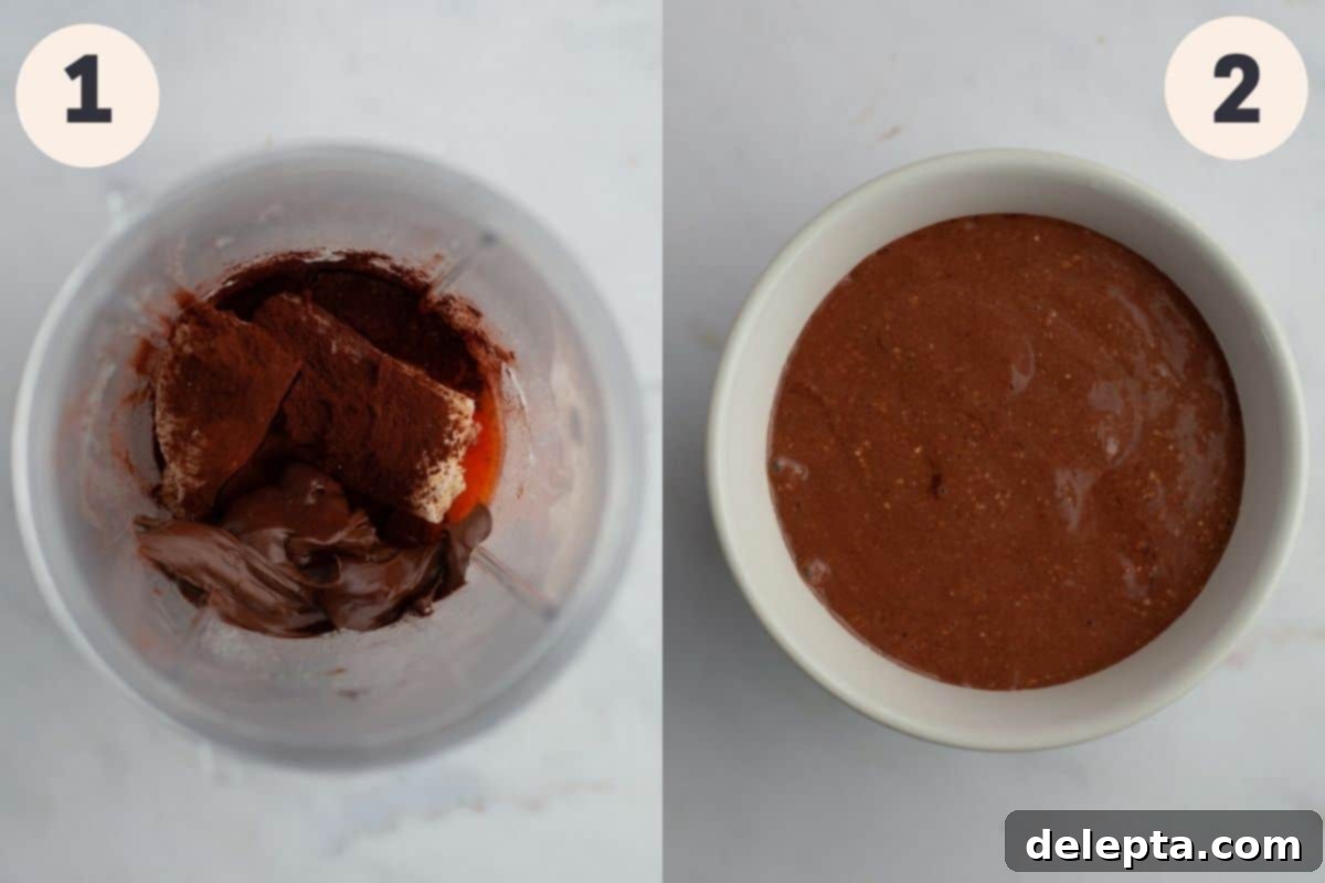 Decadent Nutella Baked Oats 4 Two process shots showing the initial steps of making Nutella baked oats: first, all ingredients are blended into a smooth batter, and second, the batter is poured into a greased ramekin.