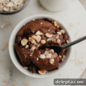 Decadent Nutella Baked Oats 6 An overhead shot of a small circular dish with Nutella baked oats.