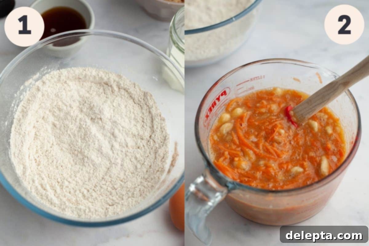 Sunshine Carrot Banana Muffins 4 Steps 1 and 2 in the banana carrot muffin baking process: whisking dry ingredients in a bowl and wet ingredients in a jug.