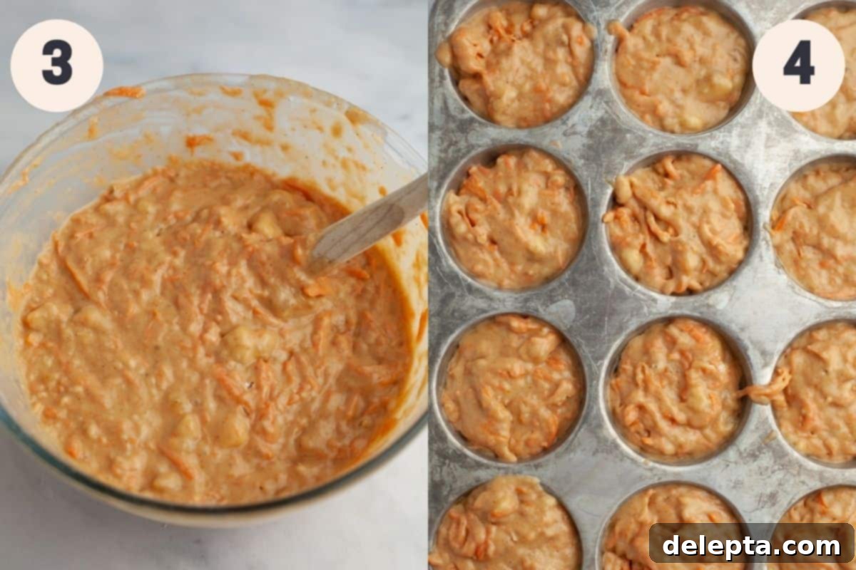 Sunshine Carrot Banana Muffins 5 Steps 3 and 4 in the banana carrot muffin baking process: pouring wet into dry ingredients, then filling muffin cavities.