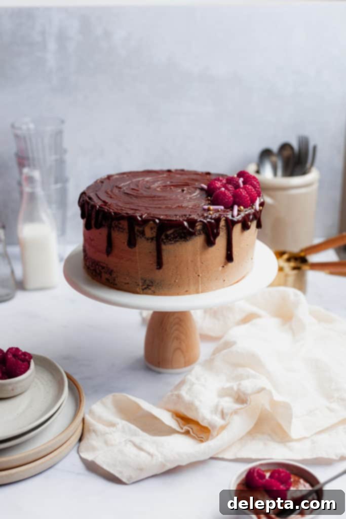 Chocolate Raspberry Drip Cake 2 chocolate drip raspberry cake on a cake stand