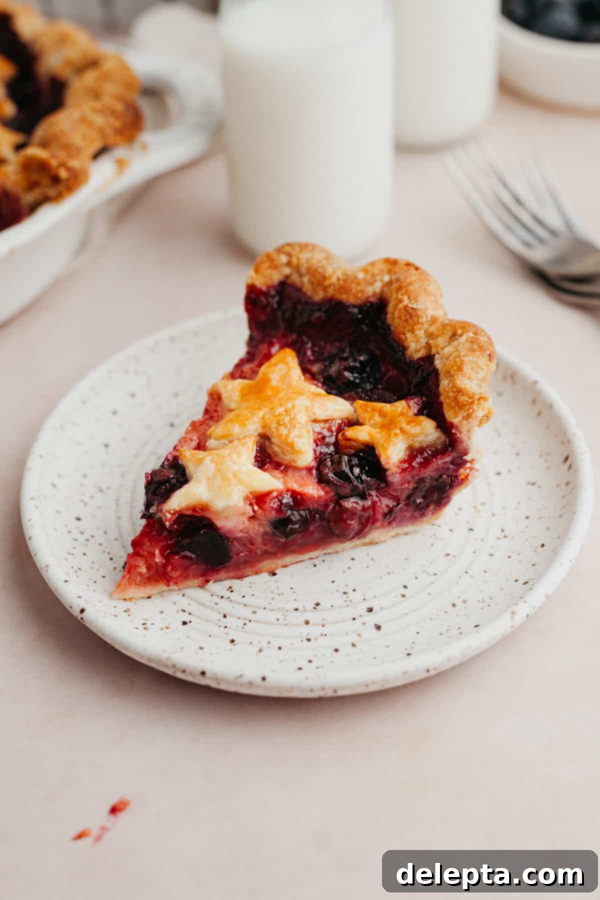 Double Berry Bliss Pie 11 A vibrant slice of mixed berry pie on a white plate, showcasing the rich filling and golden crust.