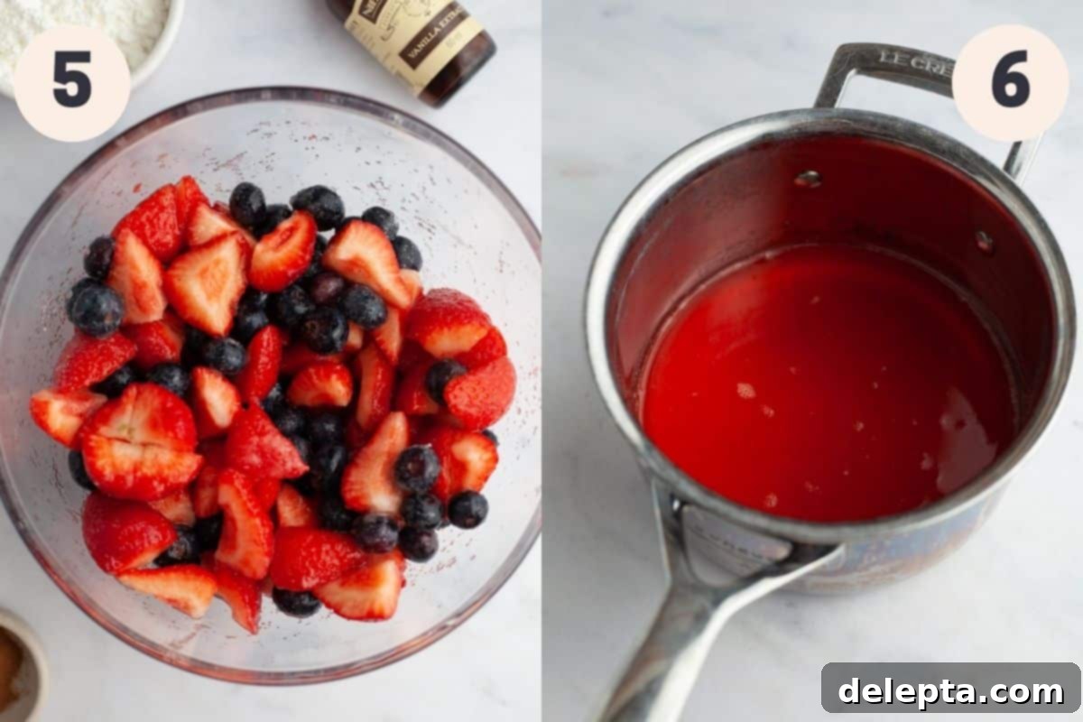 Double Berry Bliss Pie 7 Steps 5 and 6 in the strawberry blueberry pie baking process, showing fruit maceration and juice reduction.