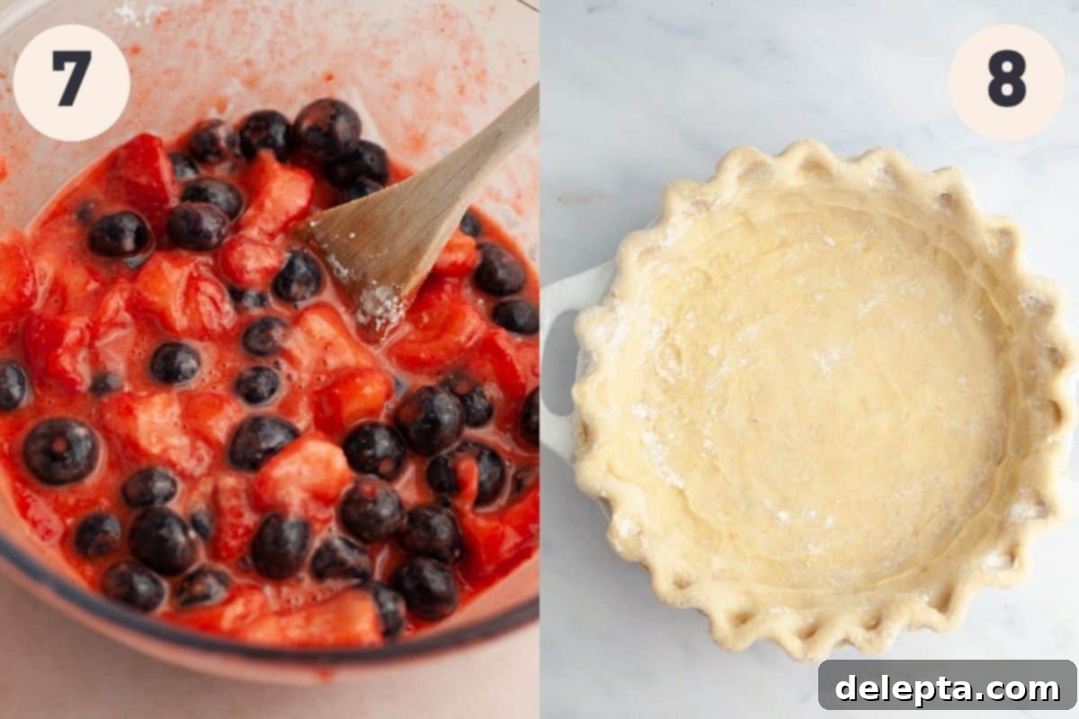 Double Berry Bliss Pie 8 Steps 7 and 8 in the strawberry blueberry pie baking process, showing finishing the filling and lining the pie plate.