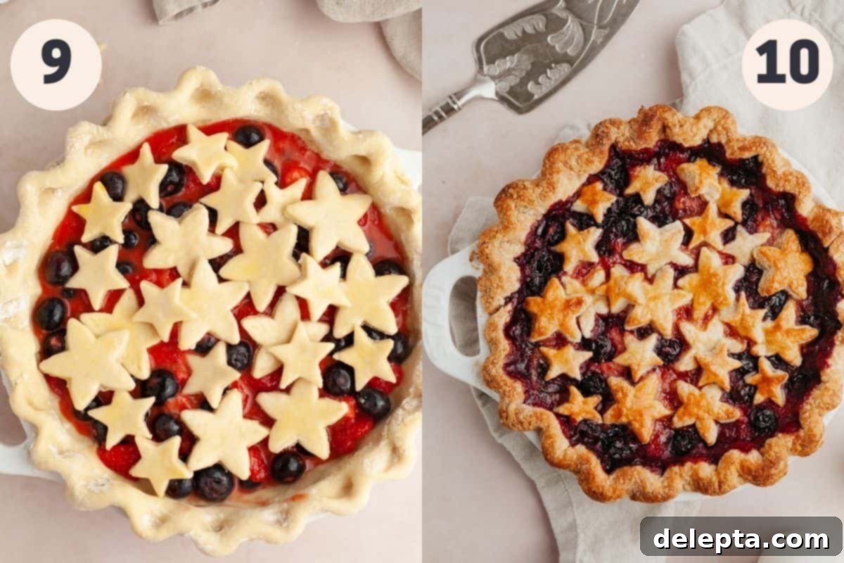 Double Berry Bliss Pie 9 Steps 9 and 10 in the strawberry blueberry pie baking process, showing pastry cutouts and baking.