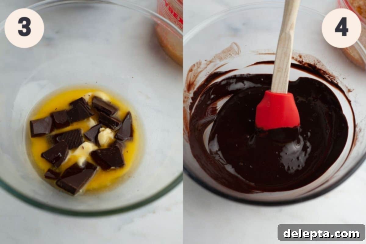 Ultimate Oreo Brookies 6 Steps 3 and 4 in the Oreo brookie baking process, illustrating melting chocolate and combining mixtures.
