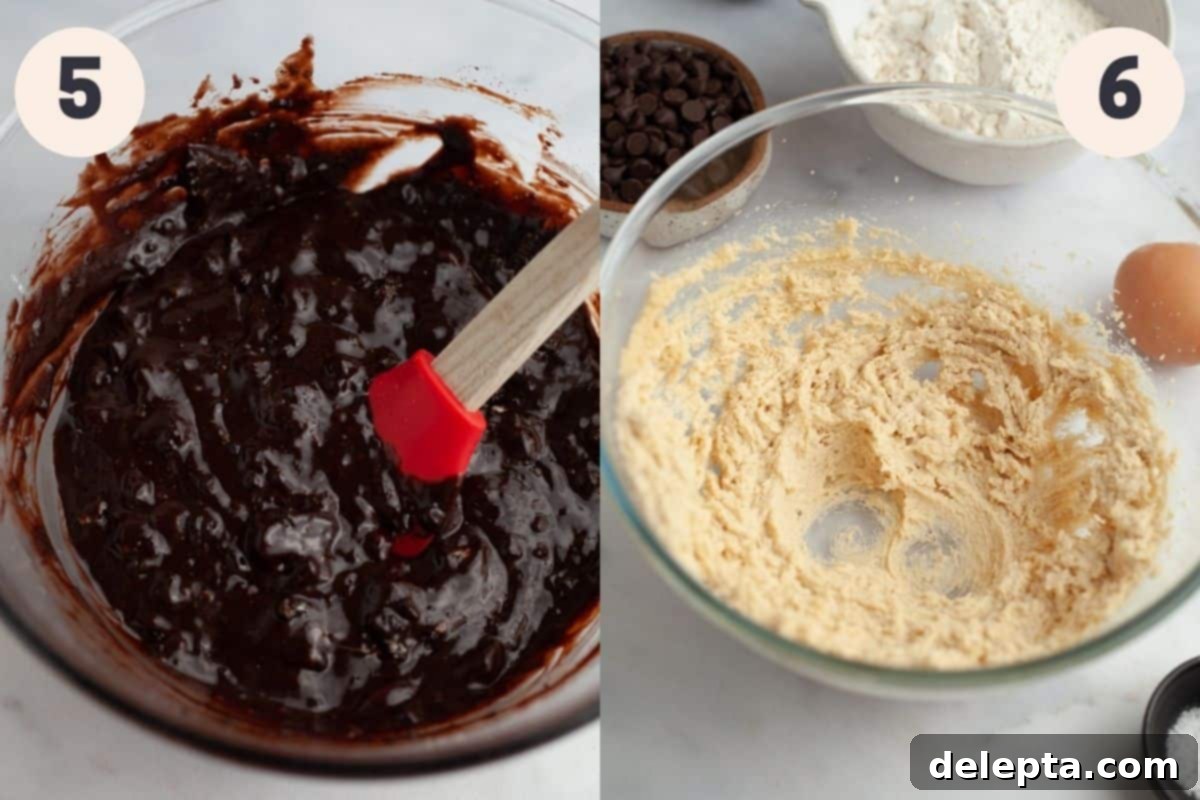 Ultimate Oreo Brookies 7 Steps 5 and 6 in the Oreo brookie baking process, showing folding in flour and starting cookie dough.