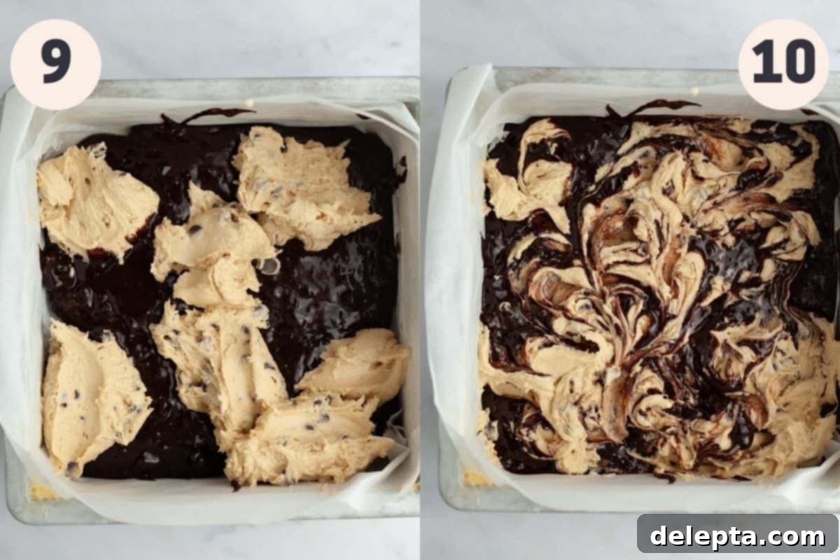 Ultimate Oreo Brookies 9 Steps 9 and 10 in the Oreo brookie baking process, showing dolloping and swirling batters in the pan.