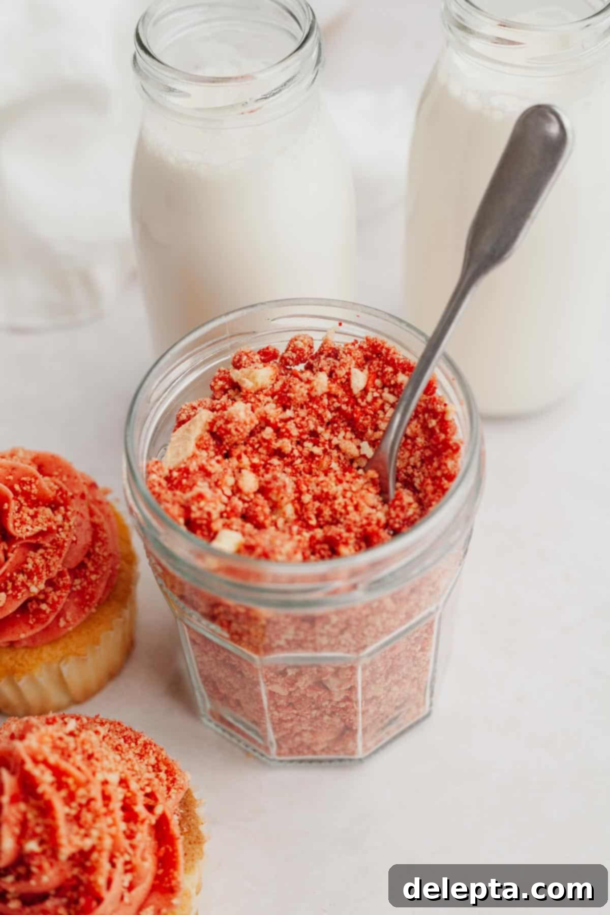 Effortless Strawberry Shortcake Crumble 2 Strawberry shortcake crumble topping in a jar with a spoon, ready to be served on desserts.