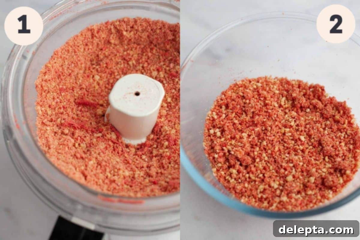 Effortless Strawberry Shortcake Crumble 4 Steps 1 and 2 in the strawberry shortcake crumble process, showing blending and mixing.