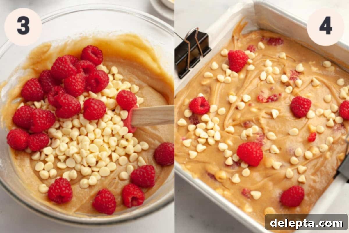 Decadent Raspberry White Chocolate Blondies 5 Raspberry white chocolate blondie batter in a bowl and unbaked blondies in a square pan, topped with extra berries and chocolate.