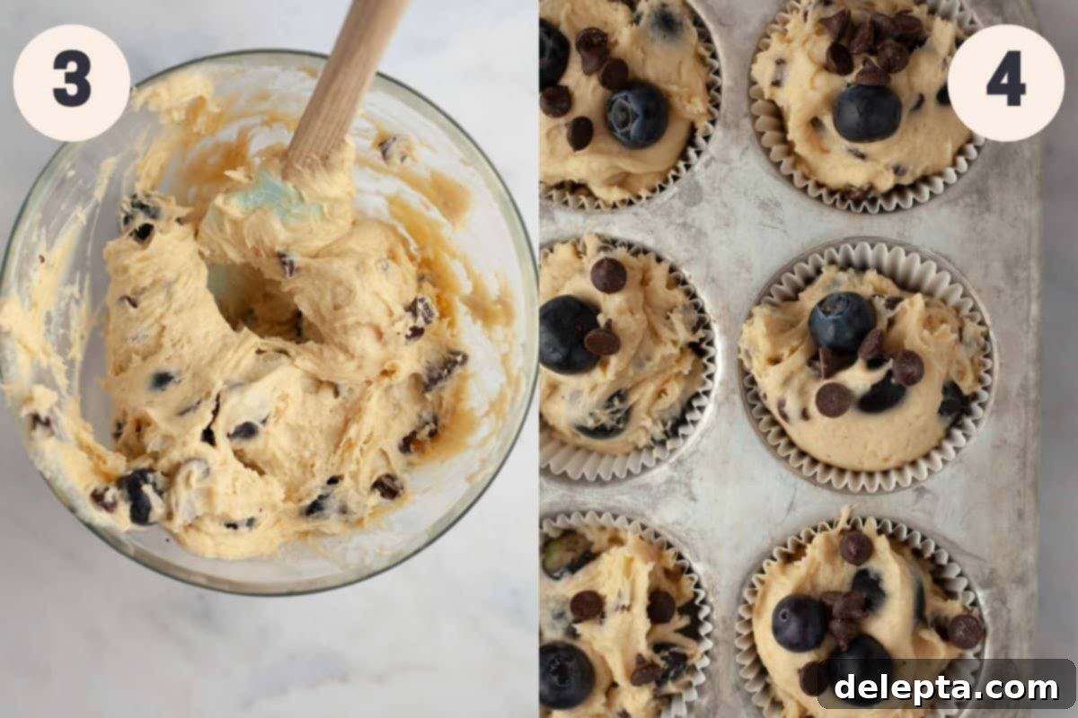 Ultimate Blueberry Chocolate Chip Muffins 5 Steps 3 and 4 in the blueberry muffin baking process: combining wet and dry ingredients, then filling the muffin tin.
