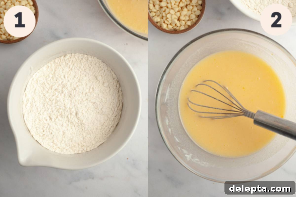 Decadent Raspberry White Chocolate Muffins 4 A bowl of dry ingredients (flour) next to a bowl of wet ingredients (muffin batter) during the preparation process.