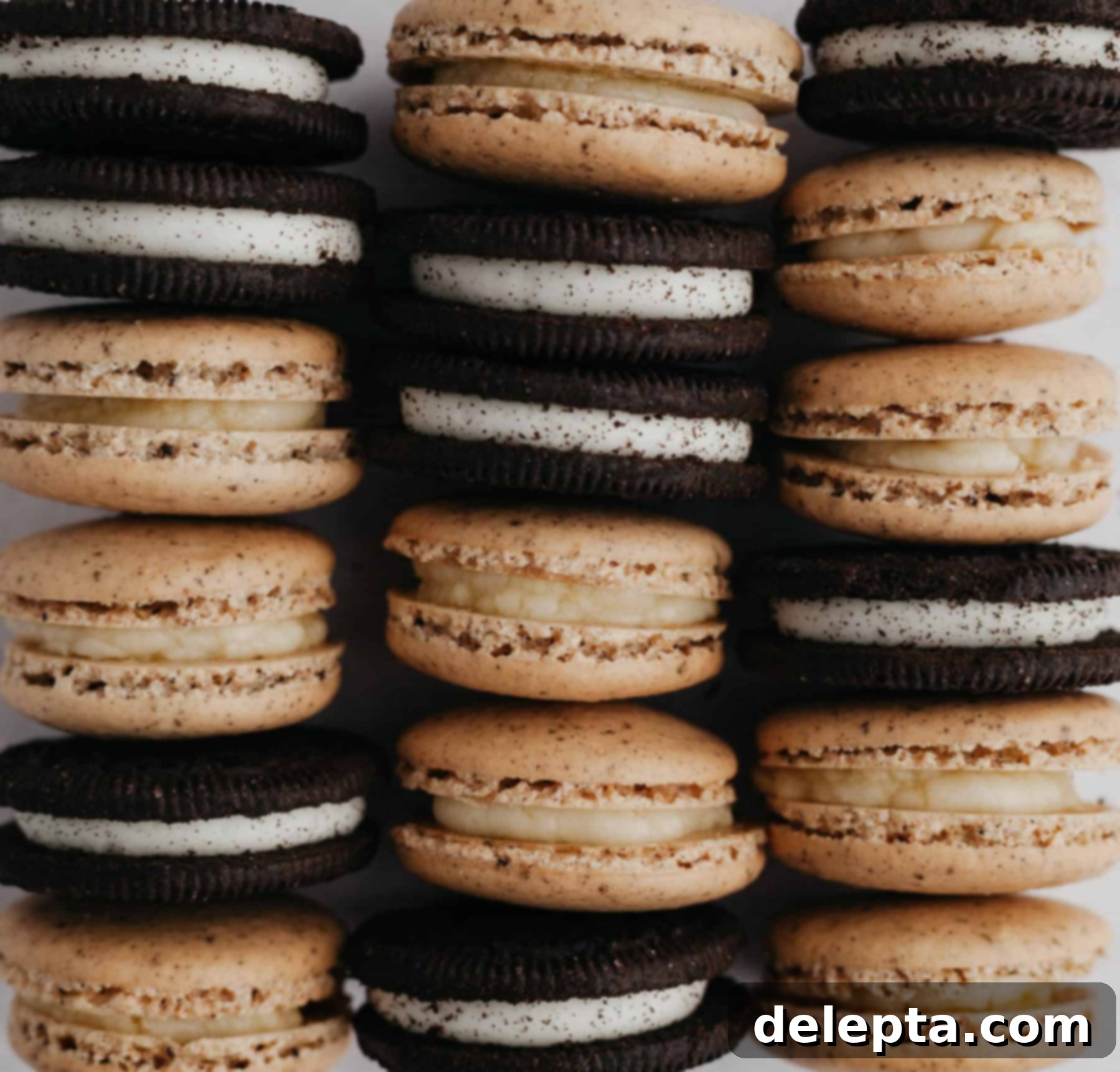 Cookies & Cream Macarons 2 Three rows of perfectly baked cookies and cream macarons with whole Oreo cookies interspersed, showcasing their elegant 'feet' and appealing dark speckles.