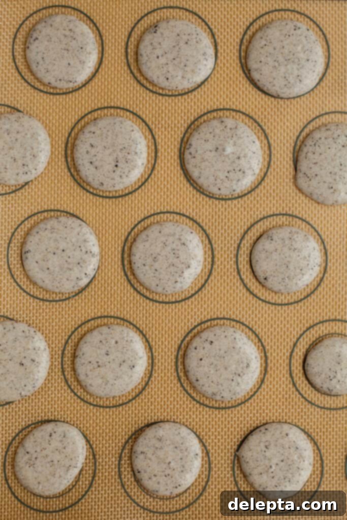 Cookies & Cream Macarons 9 Rows of perfectly piped macaron shells on a silicone baking mat, showing consistent size and roundness, prepared for resting.