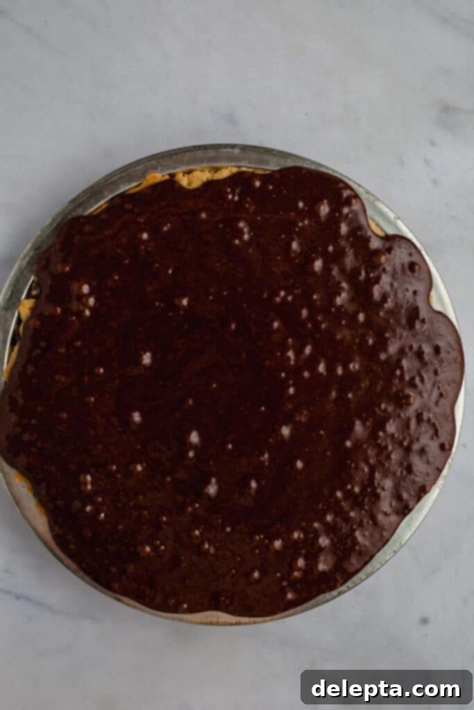 Fudgy Brownie Pie 16 The luscious, unbaked brownie batter carefully and evenly poured into the already prepared chocolate chip cookie crust in a pie plate, forming the exquisite layered foundation of the brookie pie, ready for baking.