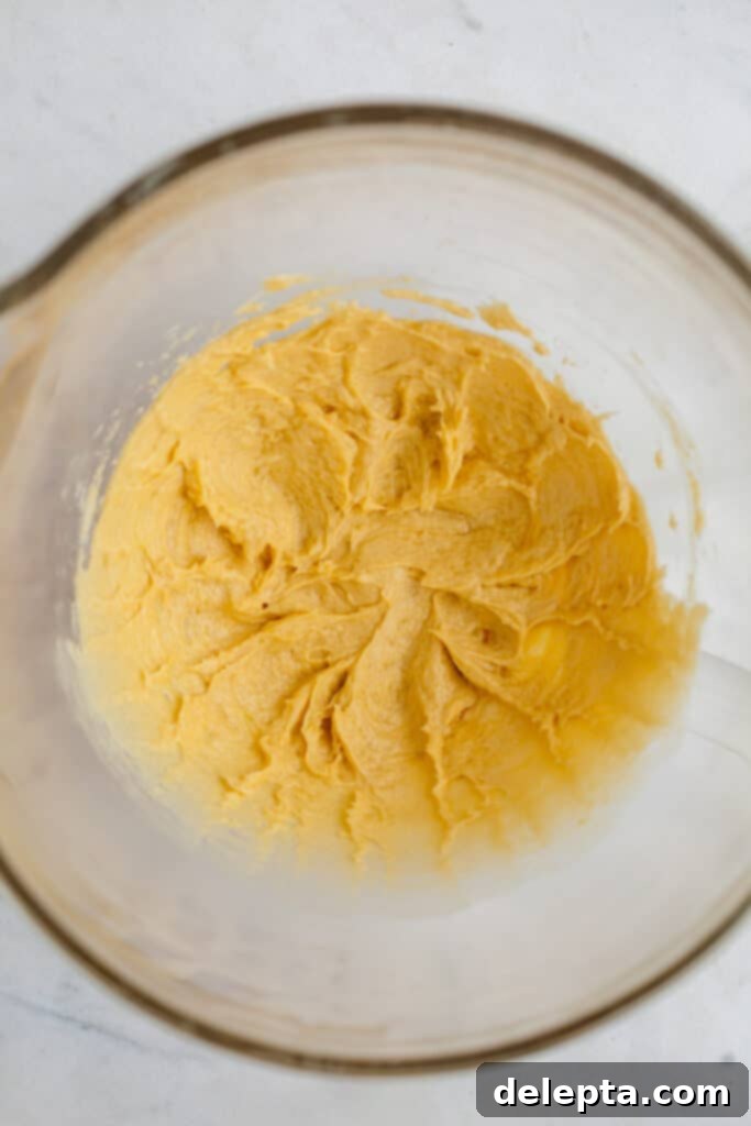 Fudgy Brownie Pie 6 A mixture in a glass bowl after the egg yolk and vanilla extract have been thoroughly incorporated into the creamed butter and sugar, creating a smooth and cohesive cookie dough base.