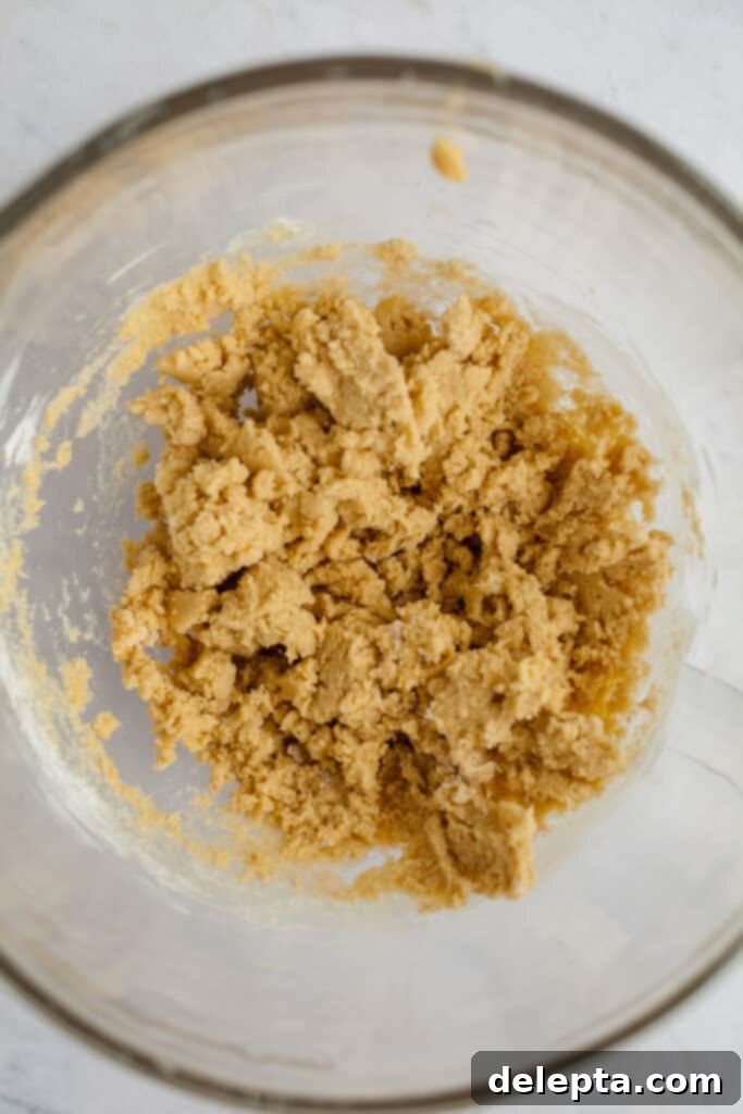 Fudgy Brownie Pie 7 All the dry ingredients, including flour, salt, and a pinch of nutmeg, have been added to the wet cookie dough mixture in a glass bowl, ready for gentle incorporation.
