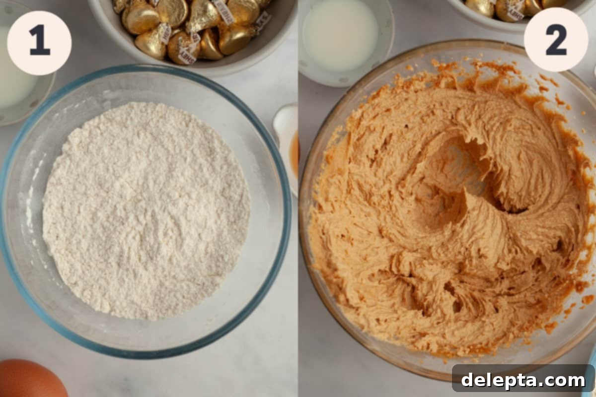 Beloved Hershey's Kiss Thumbprint Cookies 4 A bowl of dry ingredients next to a bowl of creamy peanut butter cookie dough, illustrating the initial mixing steps.