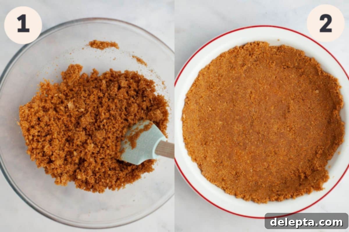 No-Bake Chocolate Pudding Pie with Buttery Graham Crust 5 Steps 1 and 2 in the chocolate pudding pie baking process.