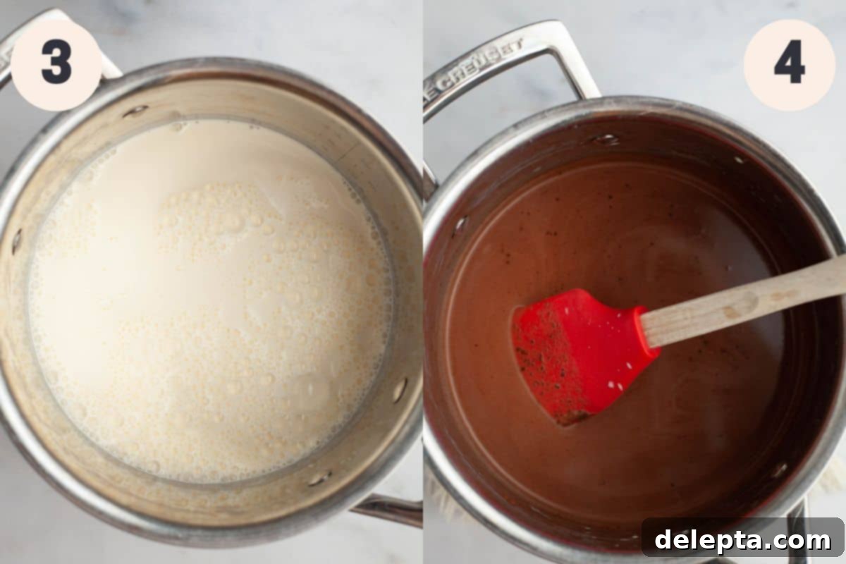 No-Bake Chocolate Pudding Pie with Buttery Graham Crust 6 Steps 3 and 4 in the chocolate pudding pie baking process.
