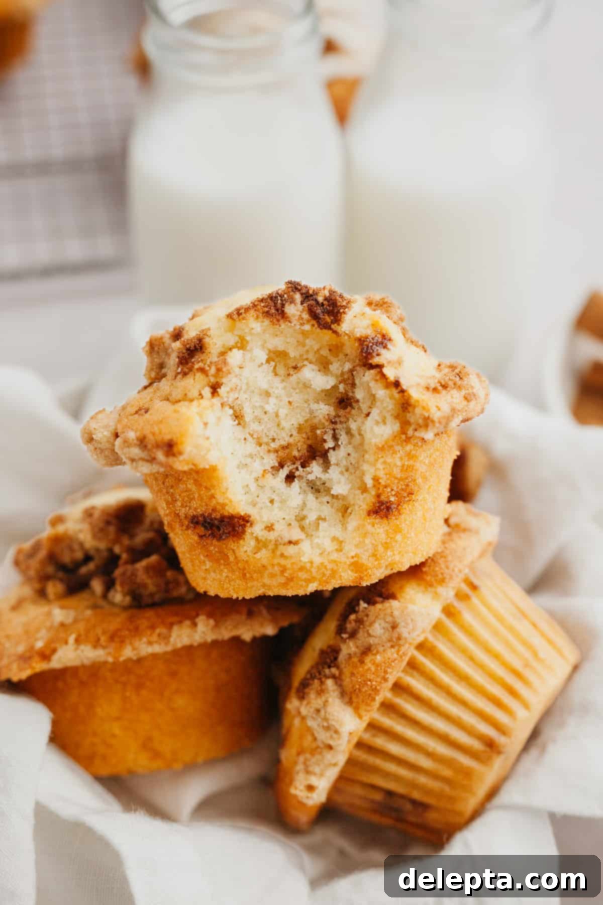Cinnamon Swirl Delights 2 Close-up of a freshly baked cinnamon swirl muffin with a golden-brown top and visible streusel.