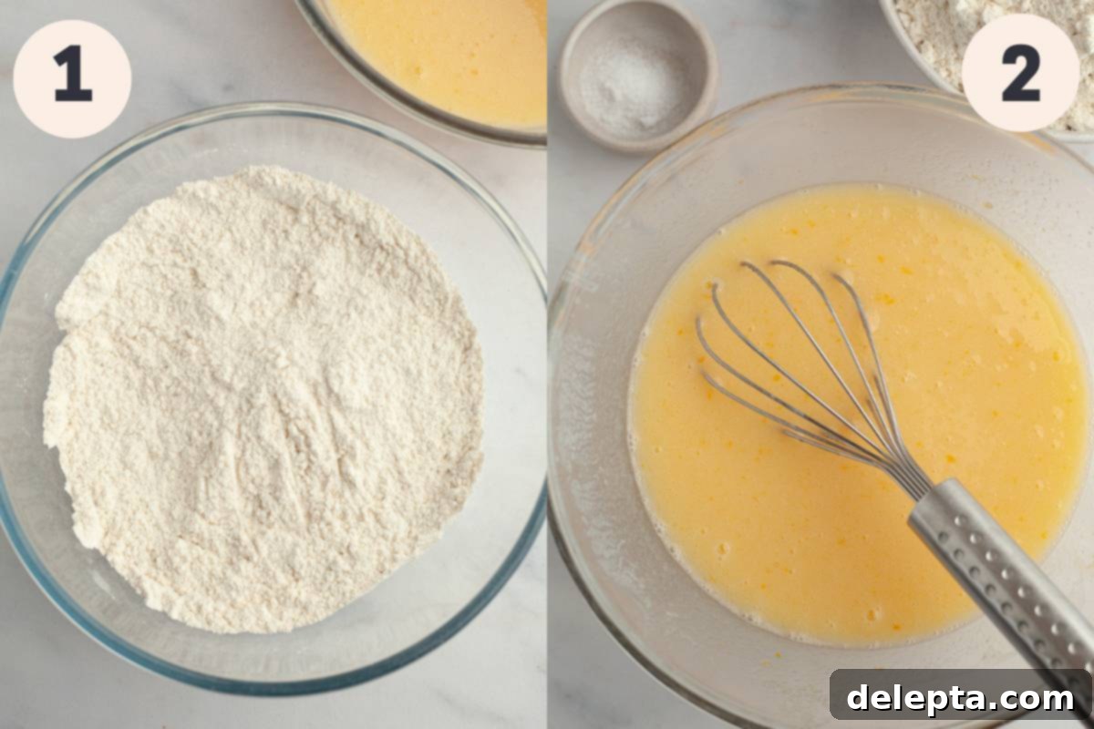 Cinnamon Swirl Delights 5 A large bowl filled with dry ingredients and a glass bowl with whisked wet ingredients for muffin batter.