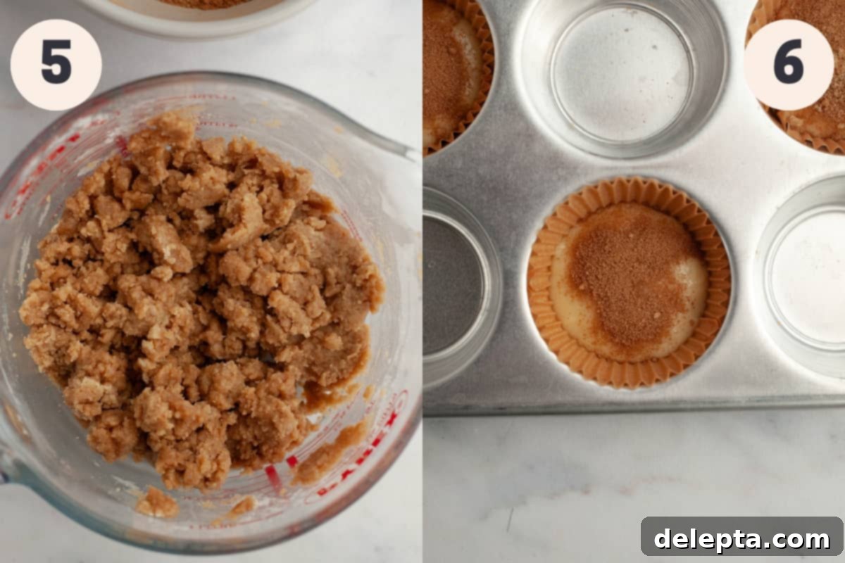 Cinnamon Swirl Delights 7 Cinnamon streusel in a jar and a close-up of muffin cavities filled with batter and cinnamon sugar.