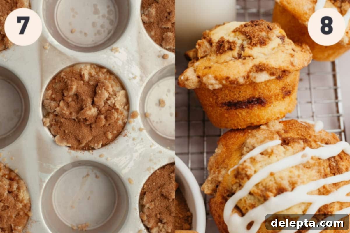 Cinnamon Swirl Delights 8 An unbaked cinnamon muffin in a pan topped with streusel, next to a perfectly baked muffin with a golden dome.