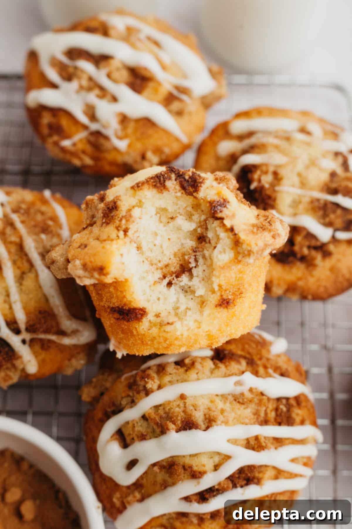 Cinnamon Swirl Delights 9 A close-up view of a baked cinnamon swirl muffin with a bite taken out, revealing the fluffy interior and cinnamon swirl.