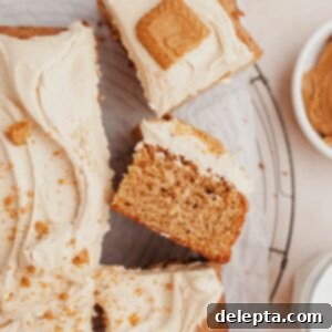 Effortless Lotus Biscoff Cake 10 An overhead shot of a sheet cake covered in beige frosting and topped with Biscoff cookies.