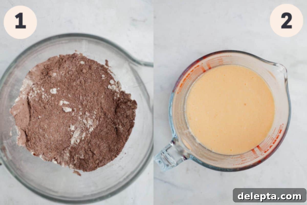 Decadent Nutella Delight 5 Images showing the first two steps of the Nutella filled cake baking process: combining dry ingredients and whisking wet ingredients.