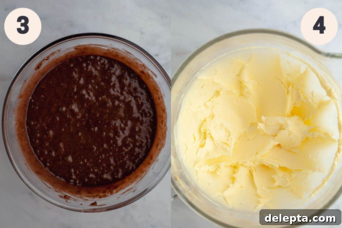 Decadent Nutella Delight 6 A visual guide to steps 3 and 4 of the Nutella filled cake process: combining wet and dry ingredients, then mixing in hot water.