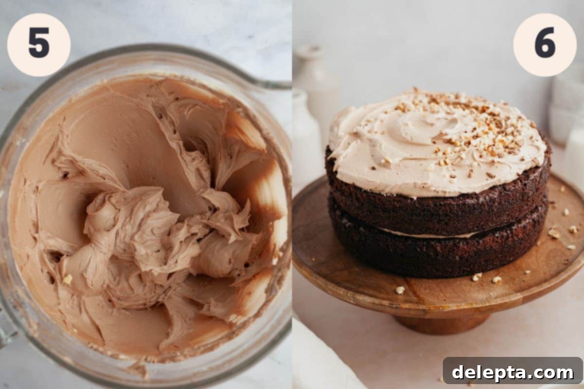 Decadent Nutella Delight 7 A two-part image depicting steps 5 and 6: adding Nutella and flavorings to the buttercream, and finally assembling and decorating the cake.